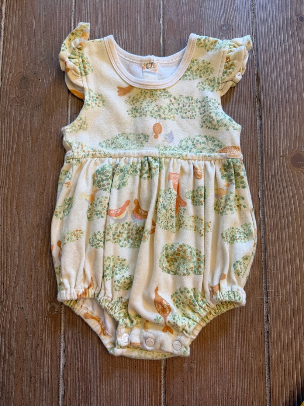 Apple Park Baby Girl Bird & Tree Printed Ruffled Sleeve Romper - Cream & Green